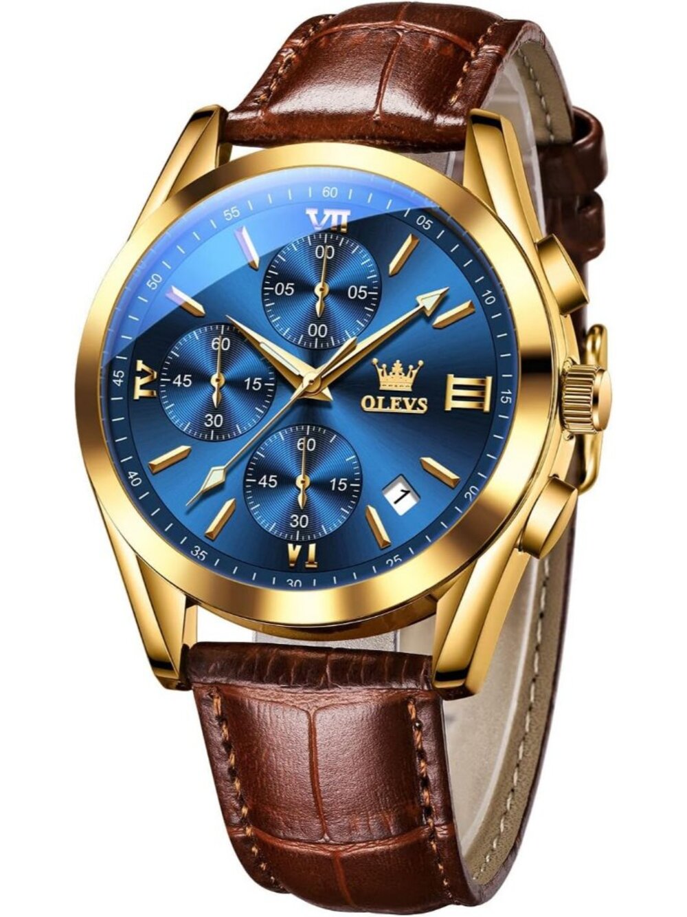 Men's Blue Brown Leather Chronograph Watch Big Face Waterproof Luminous Watch